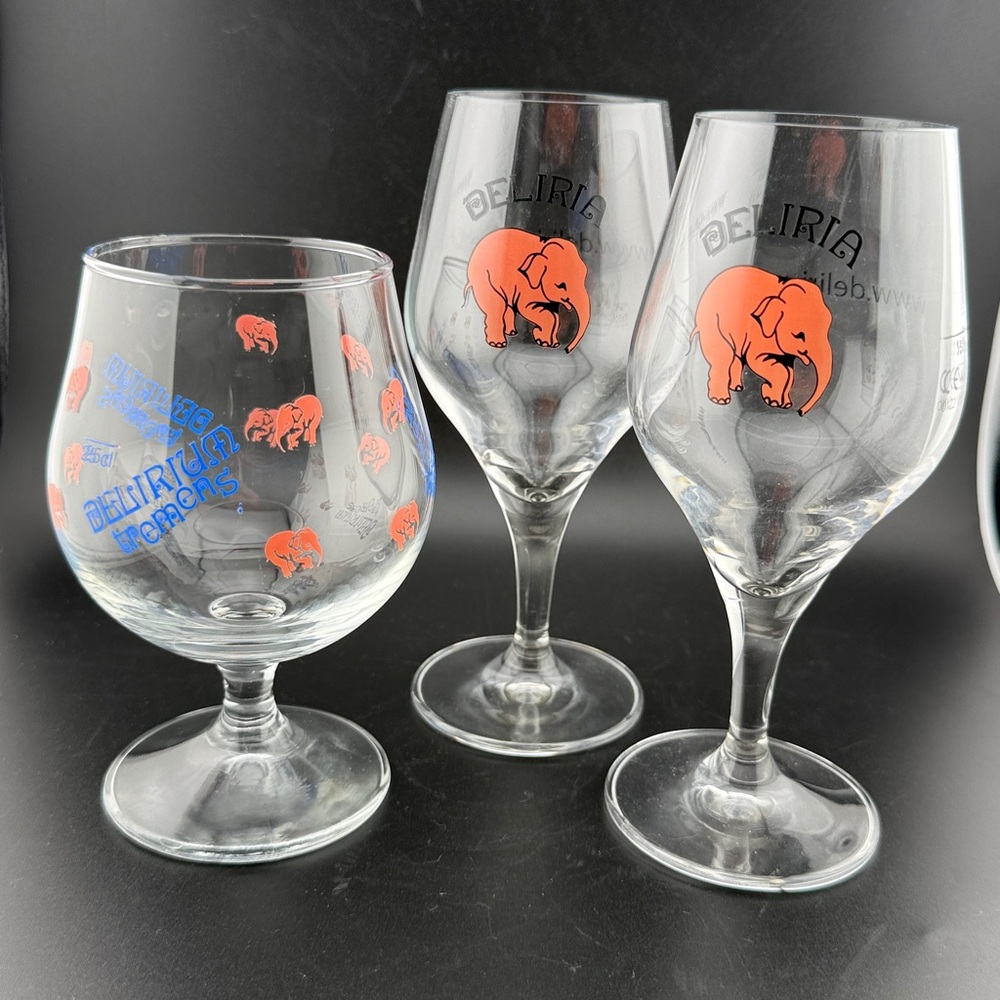 3 Delirium Tremens trunk-stemmed beer glasses. (2) 10oz (1) 12oz